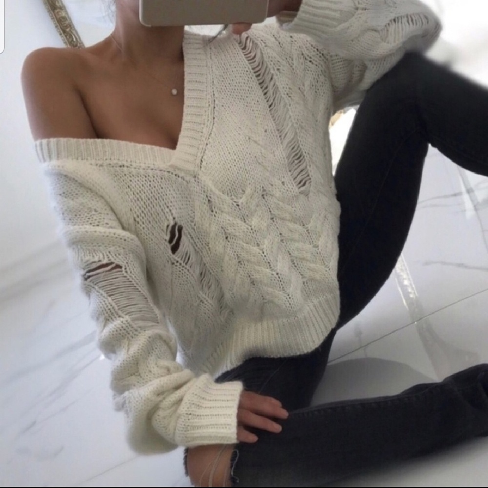 Distressed V-Neck Sweater